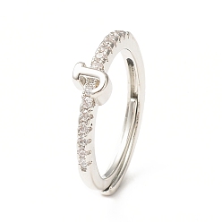 Letter J Clear Cubic Zirconia Initial Letter Adjustable Ring, Platinum Brass Jewelry for Women, Letter.J, Inner Diameter: 18mm