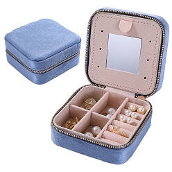 Cornflower Blue Square Velvet Jewelry Organizer Zipper Boxes, Portable Travel Jewelry Case with Mirror Inside, for Earrings, Necklaces, Rings, Cornflower Blue, 10x10x5cm