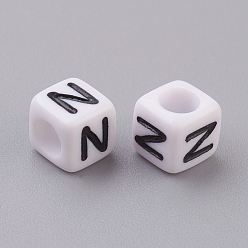Letter N Acrylic Horizontal Hole Letter Beads, Cube, White, Letter N, Size: about 6mm wide, 6mm long, 6mm high, hole: about 3.2mm, about 2600pcs/500g