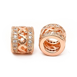 Real Rose Gold Plated Rack Plating Brass Micro Pave Clear Cubic Zirconia European Beads, Large Hole Beads, Column with Letter S, Real Rose Gold Plated, 6x7.5mm, Hole: 4.4mm