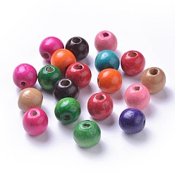 Mixed Color Dyed Natural Wood Beads, Round, Lead Free, Mixed Color, 16x15mm, Hole: 4mm, about 800pcs/1000g