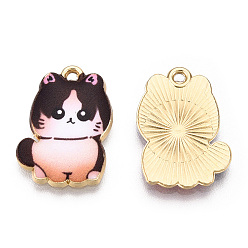 Coconut Brown Printed Alloy Pendants, Light Glod, Cat Charms, Coconut Brown, 21x14.5x1.5mm, Hole: 1.4mm