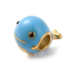 Golden Ion Plating(IP) 304 Stainless Steel Enamel European Beads, with Rhinestone, Large Hole Beads, Dolphin, Golden, 14x10.5x10.5mm, Hole: 4.5mm