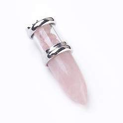 Quartz Rose Naturelle quartz rose gros pendentifs, avec les accessoires en laiton de tonalité de platine, balle, 50~53x16~17mm, Trou: 5x7~8mm