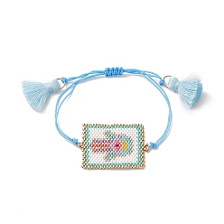 Palm Handmade Japanese Seed Rectangle Braided Bead Bracelets, Tassel Charm Bracelet for Women, Palm Pattern, Pendant: 40x27x1.5mm, Maximum Inner Diameter: 3-1/2 inch(9cm)