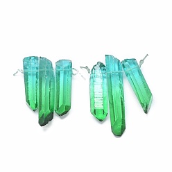 Lime Green Natural Dyed Quartz Pointed Pendants, Two Tone Color, Bullet, Lime Green, 24~40x5~10mm, Hole: 1mm, 3pcs/set