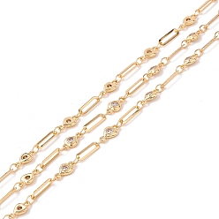 Golden Handmade Brass Link Chains, with Cubic Zirconia, Oval and Heart, Long-Lasting Plated, Soldered, with Spool, Lead Free & Cadmium Free, Golden, Link: 3x10x0.5mm, 5x9x1.8mm