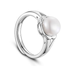 White SHEGRACE Flower Rhodium Plated 925 Sterling Silver Finger Ring, with Freshwater Pearl, Platinum, White, 18mm
