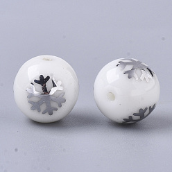 Platinum Plated Christmas Opaque Glass Beads, Round with Electroplate Snowflake Pattern, Platinum Plated, 10mm, Hole: 1.2mm
