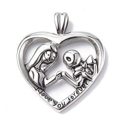 Antique Silver 304 Stainless Steel Pendants, Heart with Lovers & Word I Love You Forever Charm, Antique Silver, 37x31x6mm, Hole: 4x7mm