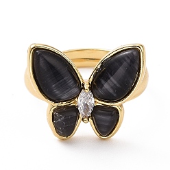 Black Cat Eye Butterfly Adjustable Ring with Clear Cubic Zirconia, Real 18K Gold Plated Brass Jewelry for Women, Cadmium Free & Lead Free, Black, Inner Diameter: 18~21mm