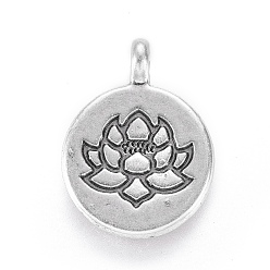 Thai Sterling Silver Plated Tibetan Style Alloy Pendants, Flat Round with Lotus, Lead Free & Nickel Free & Cadmium Free, Thailand Sterling Silver Plated, 20x15x4.5mm, Hole: 1.5mm