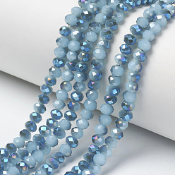 Sky Blue Electroplate Glass Beads Strands, Imitation Jade Beads, Half Plated, Blue Plated, Faceted, Rondelle, Sky Blue, 6x5mm, Hole: 1mm, about 85~88pcs/strand, 16.1~16.5 inch(41~42cm)