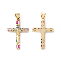 Colorful Rack Plating Brass Micro Pave Cubic Zirconia Pendants,  Cadmium Free & Nickel Free & Lead Free, Real 18K Gold Plated, Crucifix Cross, Colorful, 28x18x2mm, Hole: 5x3.5mm