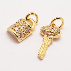 Real 18K Gold Plated Brass Micro Pave Grade AAA Cubic Zirconia Charms, Long-Lasting Plated, Key and Padlock, Cadmium Free & Nickel Free & Lead Free, Real 18K Gold Plated, 14x7x3mm & 9x6x4mm, Hole: 3mm