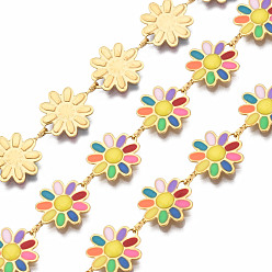 Colorful 304 Stainless Steel & Enamel Link Chains, with Spool, Unwelded, Real 16K Gold Plated, Nickel Free, Flower, Colorful, 13.5x10x1mm, about 16.4 Feet(5m)/roll
