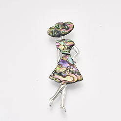 Colorful Shell Brooches/Pendants, with Alloy Findings and Resin Bottom, Woman, Platinum, Colorful, 85x31x12mm, Hole: 9x5.5mm, Pin: 0.6mm