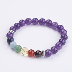 Amethyst Natural Gemstone Beads Stretch Bracelets, with Donut Tibetan Style Alloy Spacer Beads, 1-7/8 inch~2 inch(49~51mm)