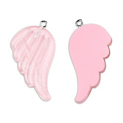 Pink Translucent Resin Pendants, Wing Charms, with Platinum Plated Iron Loops and Glitter Powder, Pink, 41x30x4mm, Hole: 2mm