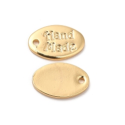 Chapado en Oro Real 18K Encantos ovalados de latón, con la palabra hecha a mano, real 18 k chapado en oro, 11x7x1 mm, agujero: 1 mm