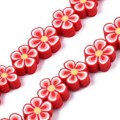 Красный Ручной полимерные нити глины шарик, цветок, красные, 7.5~10x7~11x3.5~5 мм, отверстие : 1.6 мм, около 38~40 шт / нитка, 13.58 дюйм ~ 14.57 дюйм (34.5~37 см)