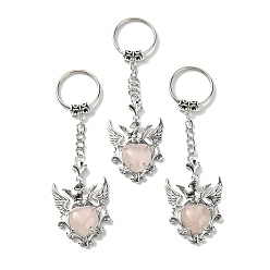 Quartz Rose Coeur de quartz rose naturel avec porte-clés pendentif aile, avec les accessoires en laiton de tonalité de platine, 9.6 cm