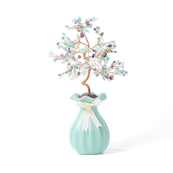 Amazonite Natural & Synthetic Gemstone Chips with Brass Wrapped Wire Money Tree on Ceramic Vase Display Decorations, for Home Office Decor Good Luck , 150x81x280mm