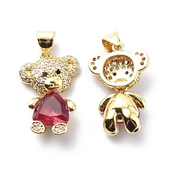Cerise Brass Cubic Zirconia Pendants, Bear with Heart Charm, Real 18K Gold Plated, Cerise, 21x13.5x5~5.5mm, Hole: 3.5x4.5mm