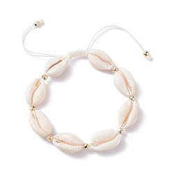 White Natural Cowrie Shell Braided Bead Bracelet for Women, White, Inner Diameter: 1-7/8~3-1/2 inch(4.9~8.8cm)