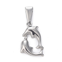 Stainless Steel Color 304 Stainless Steel Pendants, Double Dolphin, Stainless Steel Color, 19x11x2.5mm, Hole: 7.5x3mm