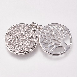 Platinum Brass Micro Pave Cubic Zirconia Pendants, Flat Round with Tree of Life, Clear, Platinum, 15x2mm, Hole: 3mm