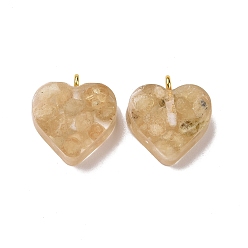 Wheat Transparent Resin Natural Yellow Quartz Dyed Chips Pendants, with Golden Tone Brass Loops, Heart Charm, Wheat, 16.5x15.5x6~6.5mm, Hole: 2mm