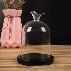 Noir Couvercle de dôme en verre transparent en forme d'oiseau, vitrine décorative, terrarium cloche cloche avec base en bois, noir, 90x140mm