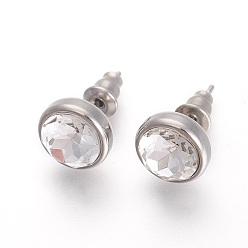 Crystal 304 Stainless Steel Stud Earrings, with Rhinestone, Flat Round, Crystal, 10x6mm, Pin: 0.9mm