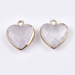 Quartz Crystal Electroplate Natural Quartz Crystal Pendants, Rock Crystal Pendants, with Cadmium Free & Nickel Free & Lead Free Iron Findings, Faceted, Heart, Golden, 16~17x14~15x6~7mm, Hole: 1.8mm