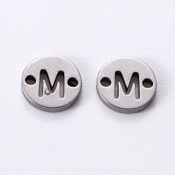 Letter M 201 Stainless Steel Links, Laser Cut, Flat Round with Letter, Letter.M, 6x6x1mm, Hole: 0.8mm