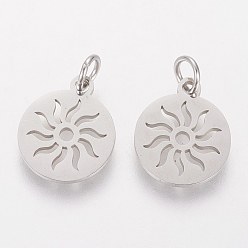 Stainless Steel Color 304 Stainless Steel Pendants, Flat Round with Sun, Stainless Steel Color, 14x12x1.1mm, Hole: 3mm