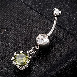 Olive Drab Piercing Jewelry, Brass Cubic Zirciona Navel Ring, Belly Rings, with Surgical Stainless Steel Bar, Cadmium Free & Lead Free, Flower with Teardrop, Olive Drab, 38x11mm, Bar: 15 Gauge(1.5mm), Bar Length: 3/8"(10mm)