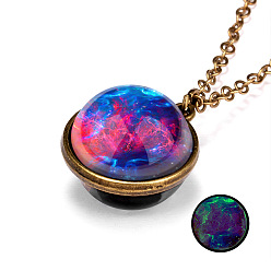 Deep Pink Luminous Glass Planet Pendant Necklace with Antique Golden Alloy Chains, Deep Pink, 19.69 inch(50cm)