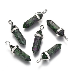 Ruby in Zoisite Natural Ruby in Zoisite Double Terminated Pointed Pendants, with Random Alloy Pendant Hexagon Bead Cap Bails, Bullet, Platinum, 36~45x12mm, Hole: 3x5mm, Gemstone: 10mm in diameter