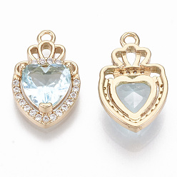 Light Cyan Glass Pendants, with Micro Pave Cubic Zirconia and Brass Open Back Settings, Faceted, Heart with Crown, Light Gold, Light Cyan, 17.5x11.5x5.5mm, Hole: 1.4mm