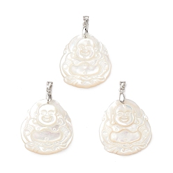 Platinum Natural White Shell Pendants, Buddha Charms, with Brass Snap on Bails, Cadmium Free & Lead Free, Platinum, 31x27.5x5mm, Hole: 5x3.5mm