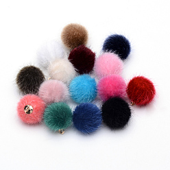 Mixed Color Faux Mink Fur Covered Charms, with Golden Tone Brass Findings, Round, Mixed Color, 12~14x10mm, Hole: 1.5mm