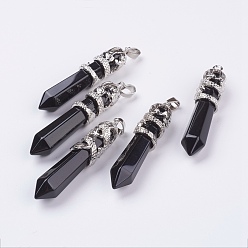 Pierre Noire Pierre noire naturelle gros pendentifs pointus, avec les accessoires en alliage, facette, balle, platine, 59~63x11~12mm, Trou: 4x7mm