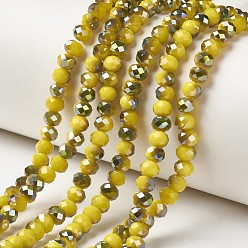 Yellow Electroplate Opaque Glass Beads Strands, Half Green Plated, Faceted, Rondelle, Yellow, 4x3mm, Hole: 0.4mm, about 130pcs/strand, 16.54 inch(42cm)