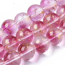 Camellia Transparent Spray Painted Glass Bead Strands, with Golden Foil, Round, Camellia, 10~11mm, Hole: 1.4~1.6mm, about 39~42pcs/Strand, 14.84 inch~15.27 inch(37.7~38.8cm)
