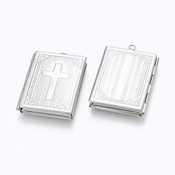 Stainless Steel Color 316 Stainless Steel Locket Pendants, Photo Frame Charms for Necklaces, Rectangle with Cross, Stainless Steel Color, 39.5x27x5.5mm, Hole: 2.4mm, Inner Size: 18.5x29mm