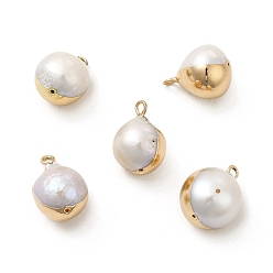 Light Gold Natural Pearl Pendants, Teardrop Charm, with Brass Loops, Light Gold, 16~19x11~14x11~14mm, Hole: 1.8mm