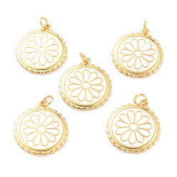 White Real 18K Gold Plated Brass Pendants, with Enamel, Long-Lasting Plated, Flat Round with Flower, White, 22.5x19.5x2mm, Jump Ring: 5x1mm, 3mm Inner Diameter