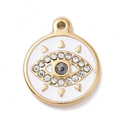 White 304 Stainless Steel Pendants, with Rhinestone and Enamel, Flat Round with Horse Eye, Golden, White, 18.5x15x3mm, Hole: 1.4mm